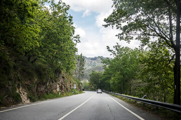 Fototapeta premium Image of a section of national road 103, N103, between the municipalities of Viana do Castelo and Bragança, surrounded by beautiful and verdant spring vegetation. 