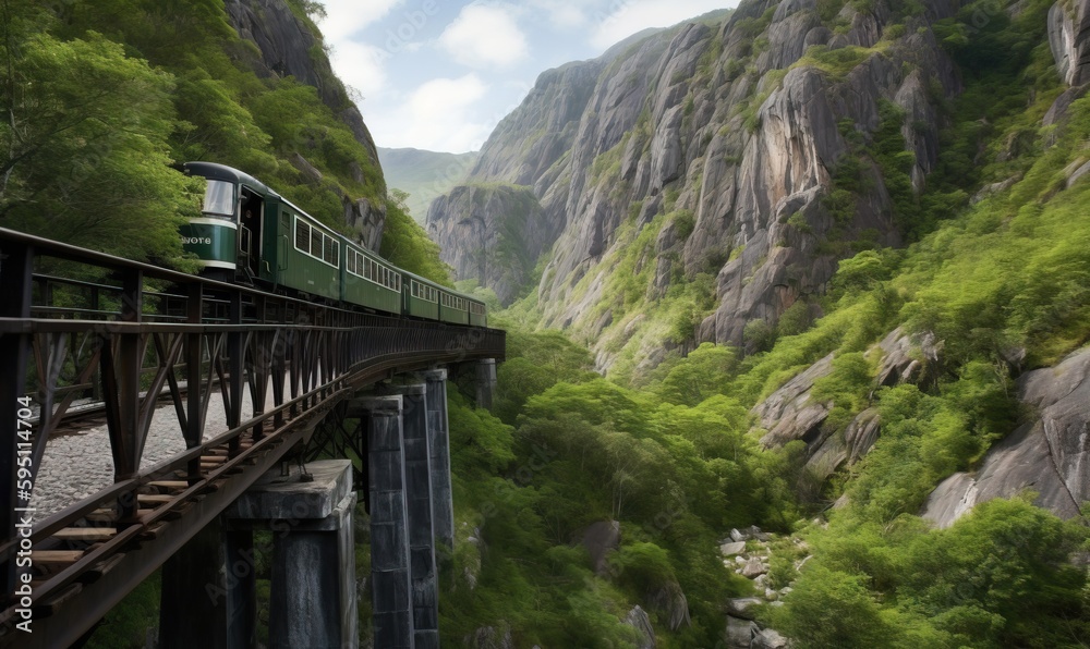 Sticker  a green train traveling over a bridge over a river next to a mountain.  generative ai