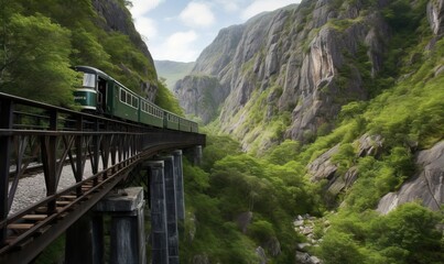Fototapeta na wymiar a green train traveling over a bridge over a river next to a mountain. generative ai