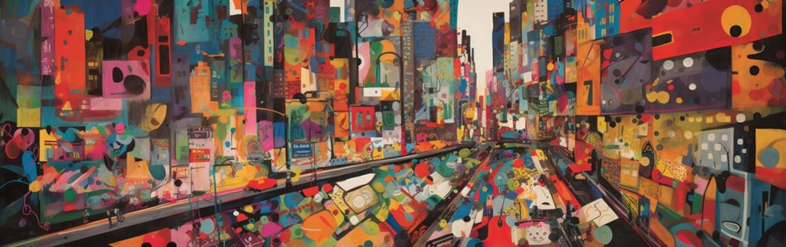 An explosion of color and pattern inspired by the bustling cityscape, with skyscrapers, traffic lights, and street signs jumbled together, concept of Urban Chaos, created with Generative AI technology