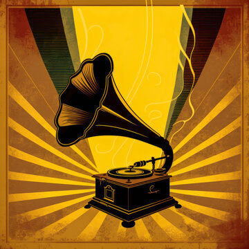 Vintage phonograph with brass and turntable set on antique background; warm brown, yellow and orange colors evoke nostalgia and old technology. Generative AI