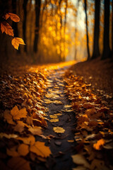 Naklejka na ściany i meble Autumn forest path with vibrant colorful leaves. Generative AI illustration