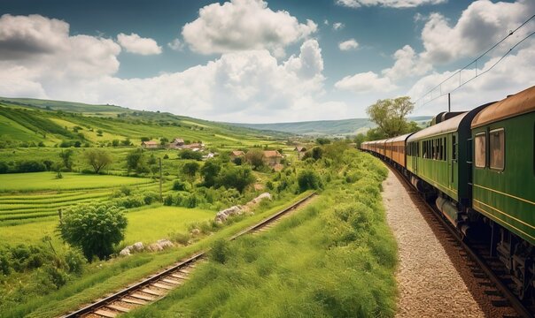  a green train traveling down train tracks near a lush green hillside.  generative ai