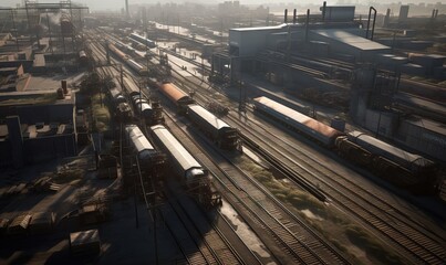  a train yard with several trains on the tracks and buildings in the background.  generative ai