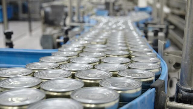 Green peas in cans on a conveyor belt in a canned food production facility