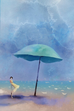 Sun umbrella on the beach. Watercolor background