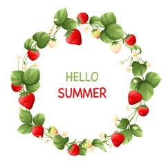 Vector strawberry fruits and blossoms wreath illustration