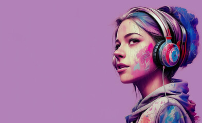 Portrait of a girl with headphones on a pink background in the art style. Copy space.  AI generative