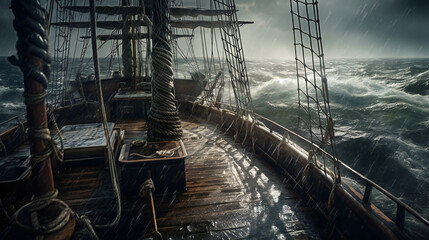 Obraz premium Storm at sea, view from a sailing ship deck. Old pirate ship sailing the sea in storm. Generative AI