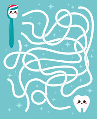 Dental maze game for preschool kids. Labyrinth with cute kawaii toothbrush and tooth. Educational puzzle. Learn about dental health. Vector illustration.