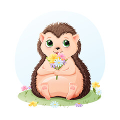 Cute Hedgehog sitting with flowers.Cartoon vector illustration. Animal nature illustration