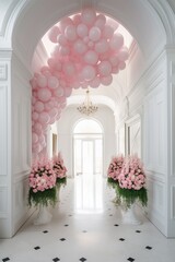 Maternity background or wedding backdrop elegant white mansion hallway ballroom interior with pink flower decorations and pink balloons