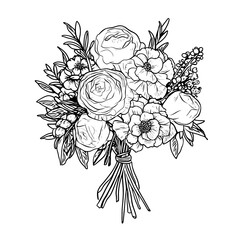 hand drawn vector illustration floral bouquet silhouette hard outline flowers with transparent background
