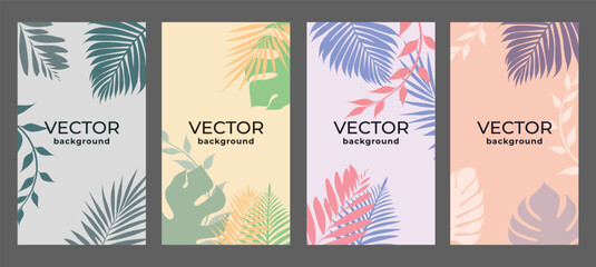 Set of vector backgrounds colorful tropical leaves. Mockup for banner, poster, flyer. Vector drawing on a colored background.