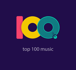 Top 100 music logos. Unique colors. Creative music record shape logo template. vector