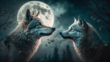 two wolves in the moonlight, generative ai
