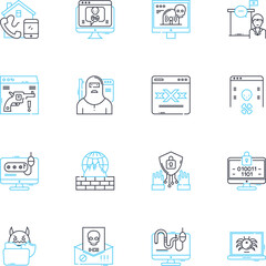 Tricksters linear icons set. Deception, Prankster, Mischievous, Cunning, Jester, Schemer, Rascal line vector and concept signs. Mirthful,Sneaky,Joker outline illustrations