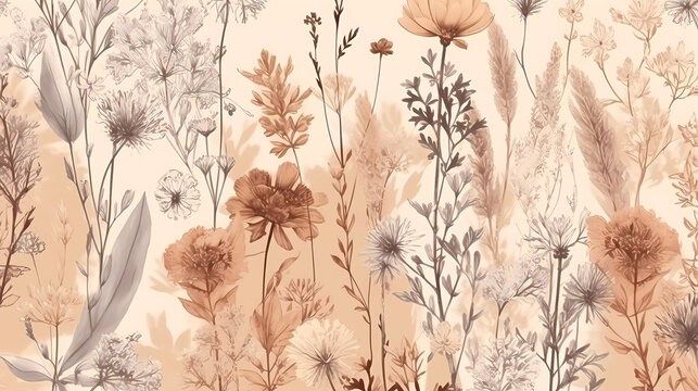 Dried wildflowers wallpaper on an ivory background.  Paper for crafts, scrapbooking or art projects.