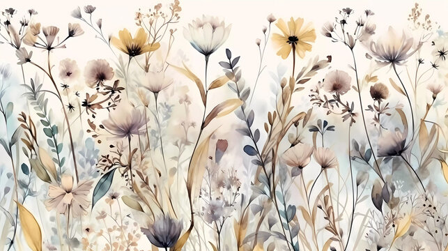 Dried flowers wallpaper on ivory background