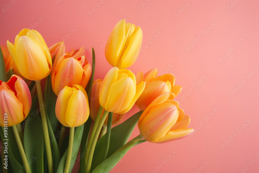 Wall mural bouquet of tulips summer,spring flowers background orange,pink,yellow floral banner, happy international woman, Generative AI