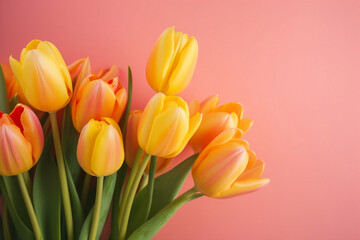 bouquet of tulips summer,spring flowers background orange,pink,yellow floral banner, happy international woman, Generative AI