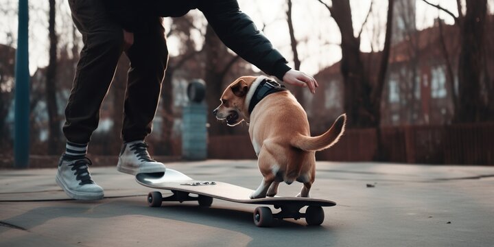 Rear View Of A Person Doing A Handstand On A Skateboard While Being Pulled By A Dog, Concept Of Balance, Created With Generative AI Technology