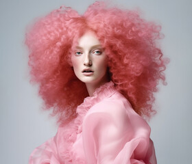 Fototapeta premium Portrait of beautiful woman with pink curly hair. AI generated image.
