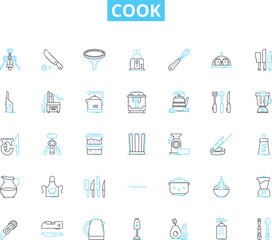 Cook linear icons set. Saute, Grill, Bake, Simmer, Fry, Roast, Stir-fry line vector and concept signs. Charbroil,Poach,Broil outline illustrations