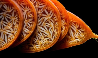  a close up of a sliced orange on a black background.  generative ai