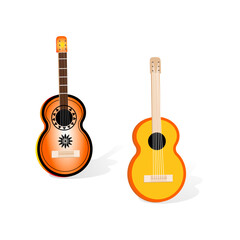 Obraz na płótnie Canvas Traditional Mexican wooden toy guitar. Wooden guitar with Mexican ornaments for boys and girls, isolated on a white background. Vector illustration of wooden guitars, symbol of Mexican culture.