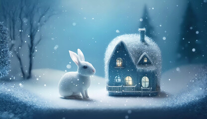 Obraz na płótnie Canvas Christmas. fairytale house. Rabbit. Banner. Copy space. Generative AI