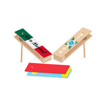 Traditional Mexican toy matraca with colorful and patriotic ornaments. Mexican wooden matraca for national parties.