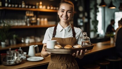 Happy waitress holding tray with coffee cup. Generative AI
