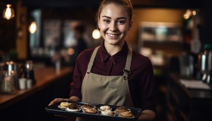 Happy waitress holding tray with coffee cup. Generative AI