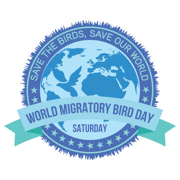 world migratory bird day design badge, seal, stamp, logo, label, tag, banner, logo with world vector and birds icons vector illustration, design elements