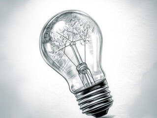  Idea lightbulb, in the style of pencil drawing, white background. Generative Ai. 