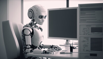 Humanoid robot doing work in front of a laptop in an office room. Based on Generative Ai.