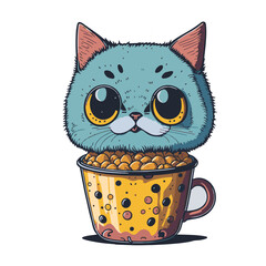 Vector illustrarion of a cute blue cat with big eyes in bubble tea cup