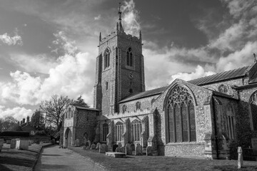 Black and white image of St Michael and All Angels Church, Aylsham, Norfolk, England, United Kingdom