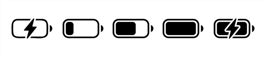Battery GSM icon set. Isolated black smartphone battery level indicator icons on white background. Concept power, energy, low , full, emplty, load. UI elements symbols. Flat icon. - obrazy, fototapety, plakaty