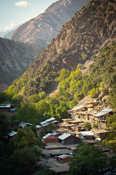 Traditional Kalash village aerial view in Pakistan