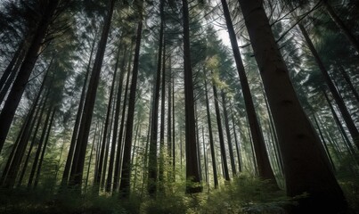 Obraz premium a forest filled with lots of tall trees and green grass. generative ai