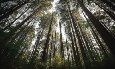  a forest filled with lots of tall trees next to each other.  generative ai