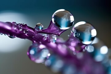 close-up view of dew drops on a vibrant purple plant stem. Generative AI
