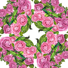 Camellia flowers. Branches with flowers, buds and leaves. Seamless background. Oriental style drawing. Graphic arts. Use printed materials, signs, objects, sites, maps, posters, postcards, packaging.