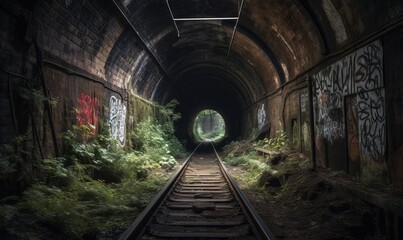 Fototapeta na wymiar a train track going through a tunnel with graffiti on it. generative ai