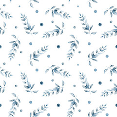 watercolor floral and leaves seamless pattern. Foliage seamless pattern of blue branches with leaves, watercolor floral illustration on white background.