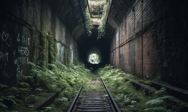  a train track going through a tunnel with graffiti on the walls.  generative ai
