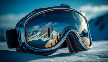 Ski goggles protect eyes on snowy mountain slopes generated by AI