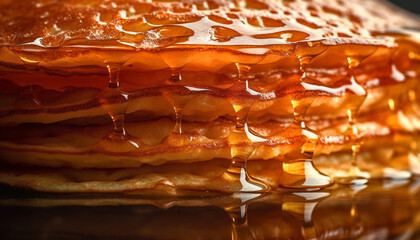 Golden honey pou on fresh homemade pancakes generated by AI